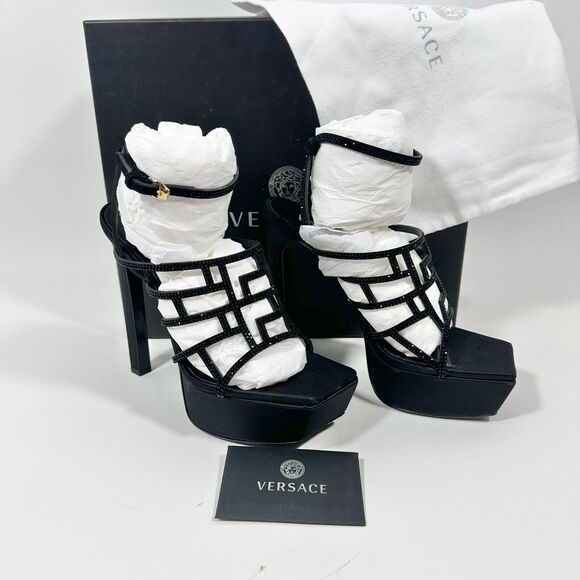 Versace La Greca 38 Maze Crystal Embellished Black Platform Sandal NIB $1,725 - Picture 4 of 13